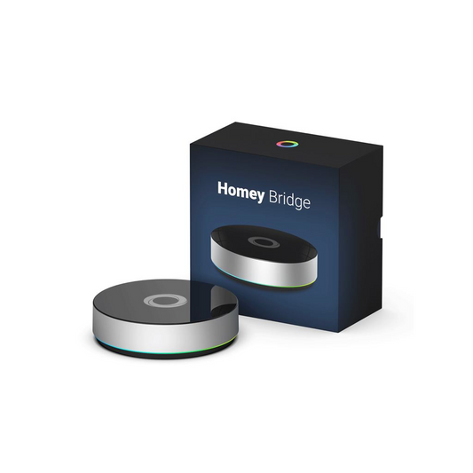 Homey Bridge device and its packaging on a white background