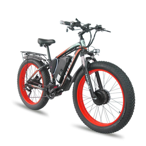 Electric bike with red wheels on a white background