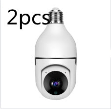 Two white security cameras shaped like light bulbs on a white background