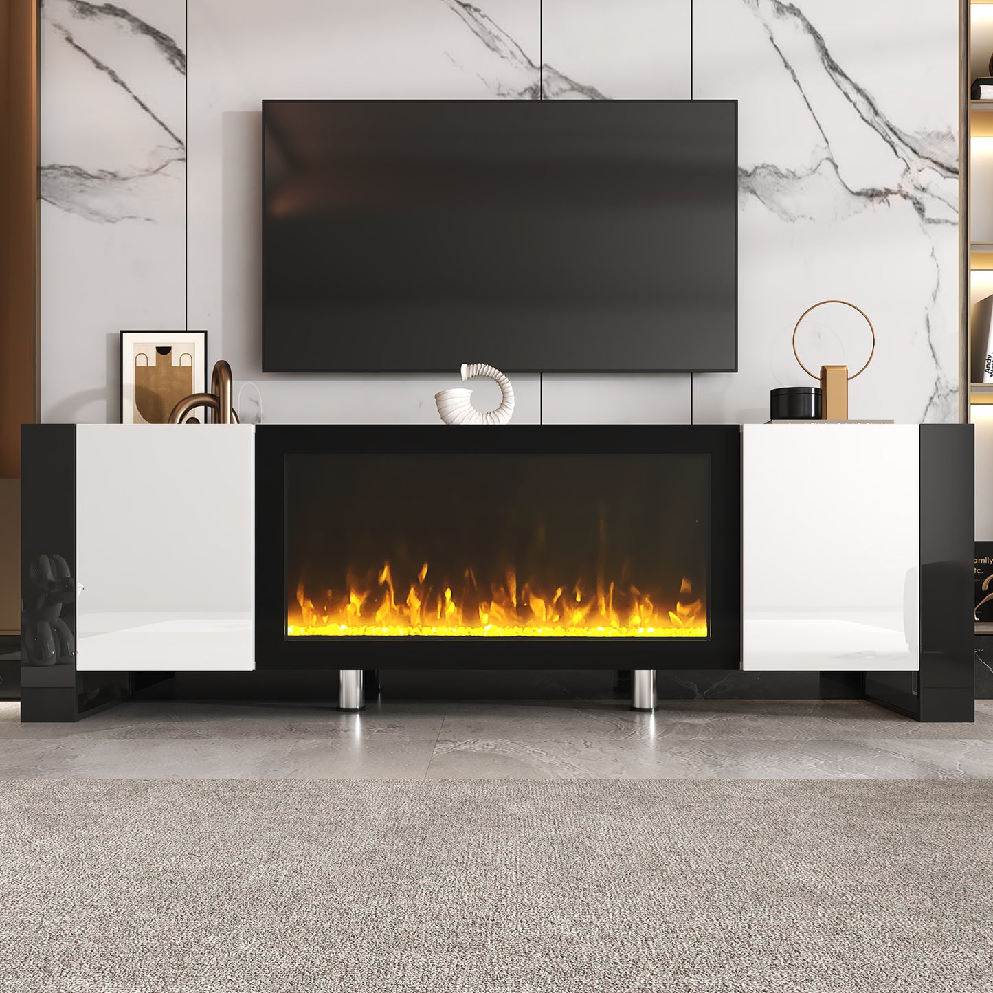 ON-TREND Modern TV Stand with 34.2" Non-heating Electric Fireplace, High Gloss Entertainment Center with 2 Cabinets, Media Console for TVs up to 78", White