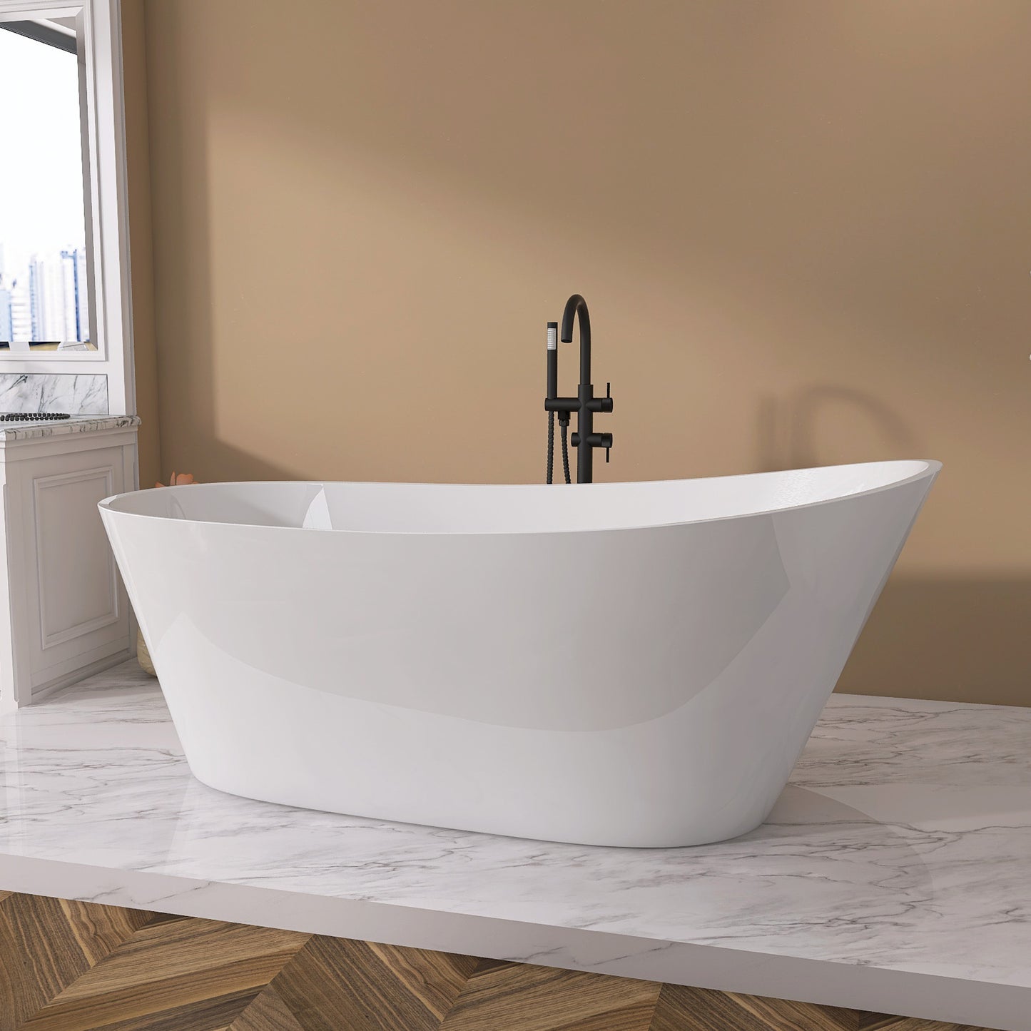 59" Acrylic Free Standing Tub - Classic Oval Shape Soaking Tub, Adjustable Freestanding Bathtub with Integrated Slotted Overflow and Chrome Pop-up Drain Anti-clogging Gloss White