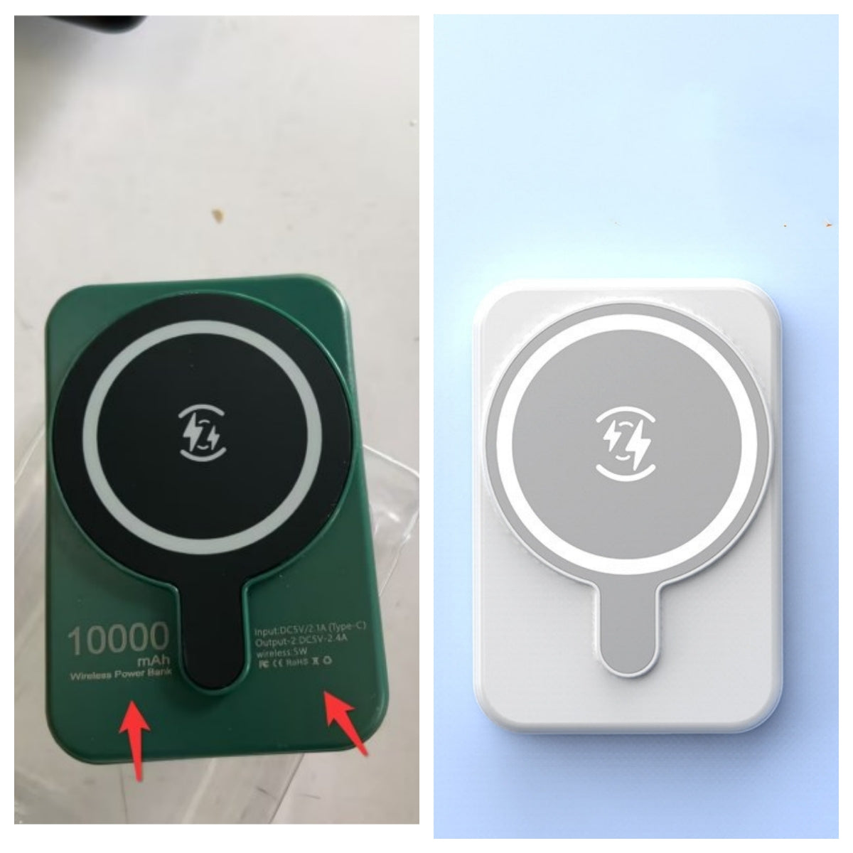 Two wireless power banks, one green and one white, with charging symbols on a light blue background.