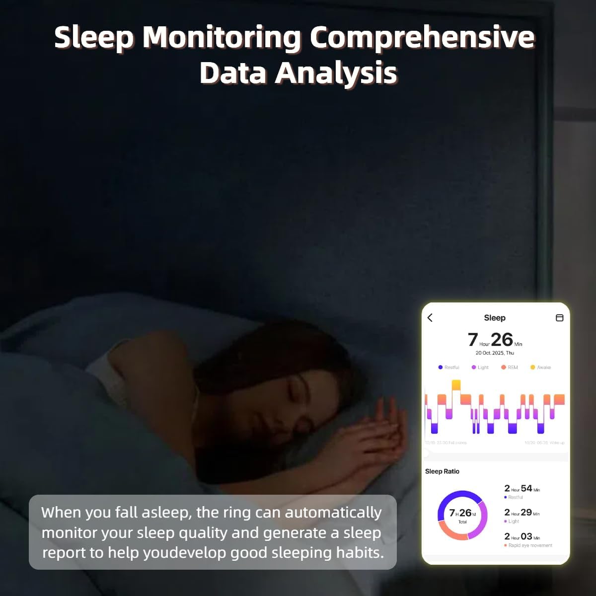Person sleeping with a smartphone displaying sleep monitoring app on a dark background