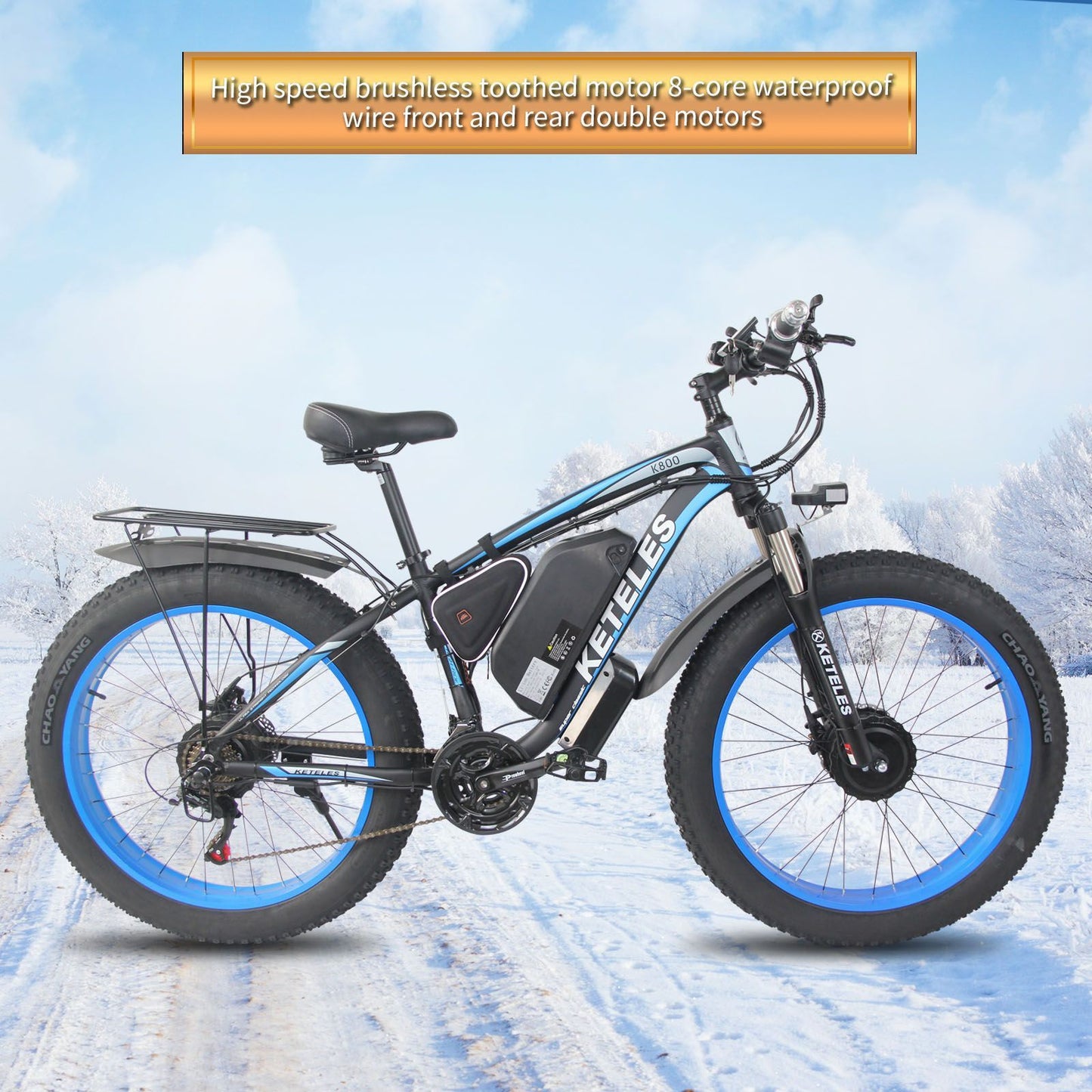 Electric bike with blue wheels on a snowy background