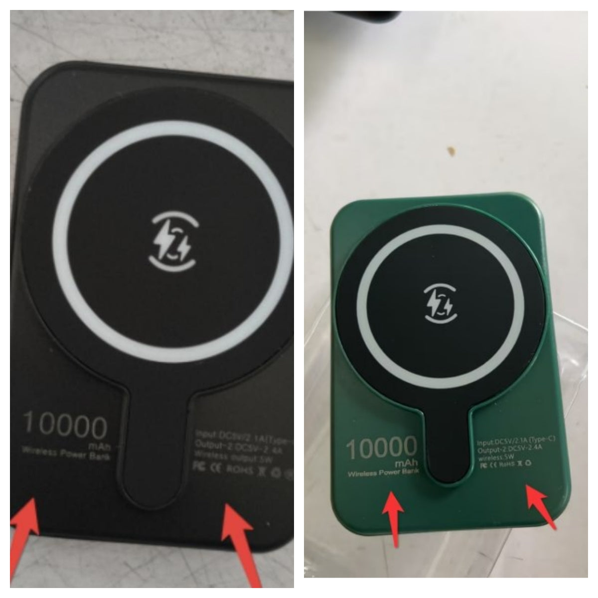 Two wireless power banks, one black and one green, with visible branding and specifications.