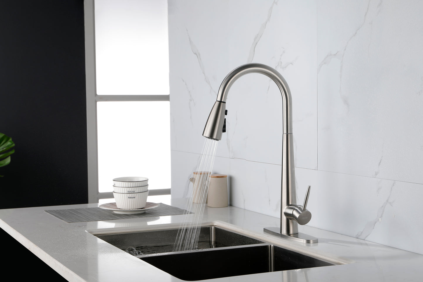 Kitchen Faucet with Pull Down Sprayer Brushed Nickel, High Arc Single Handle Kitchen Sink Faucet with Deck Plate, Commercial Modern Stainless Steel Kitchen Faucets