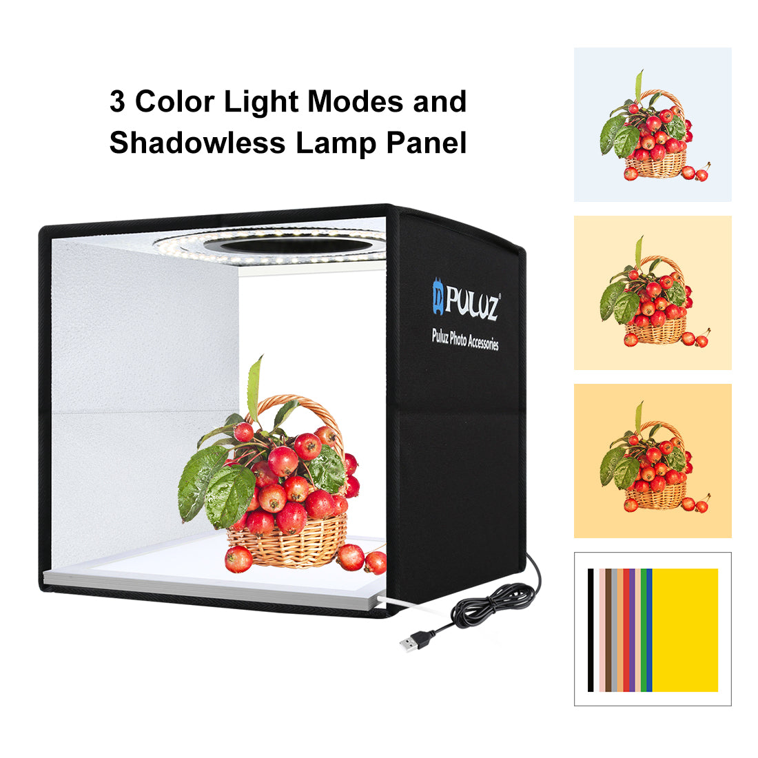 PULUZ photo studio light box with a basket of apples and three color mode options displayed.