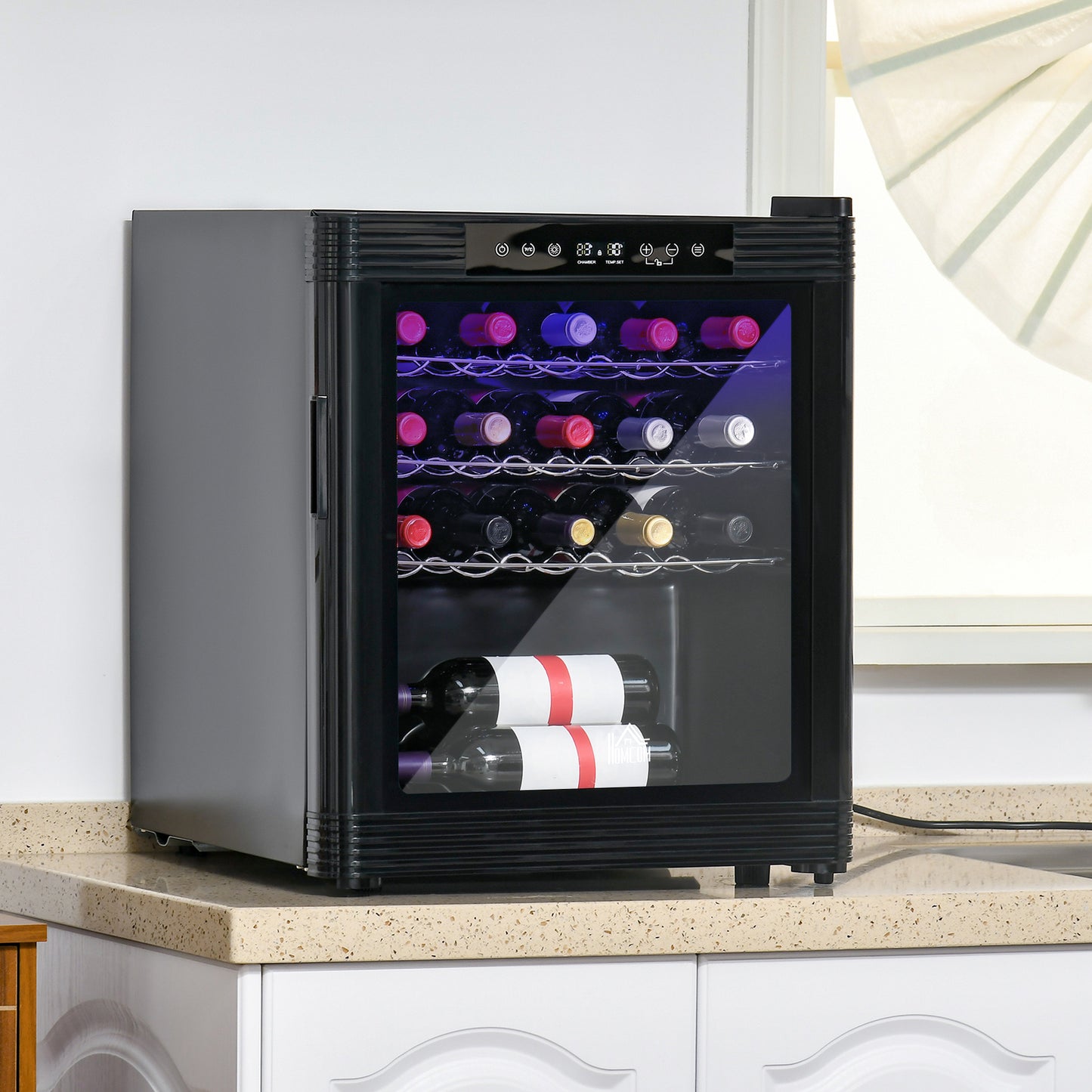 18 Bottle Wine Cooler, Mini Beverage Fridge, Freestanding Wine Cellar with Digital Temperature Control, 3 Removable Shelves, Glass Door, Alarm Function and LED Lighting, Black