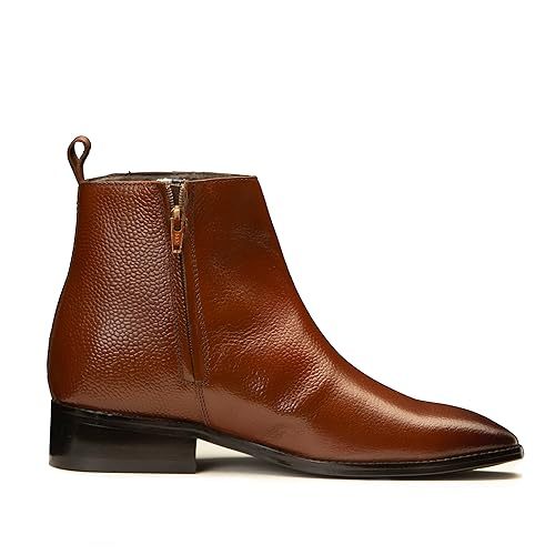 Leather Boots with Side Zipper and Hidden Heel for Men - Tan