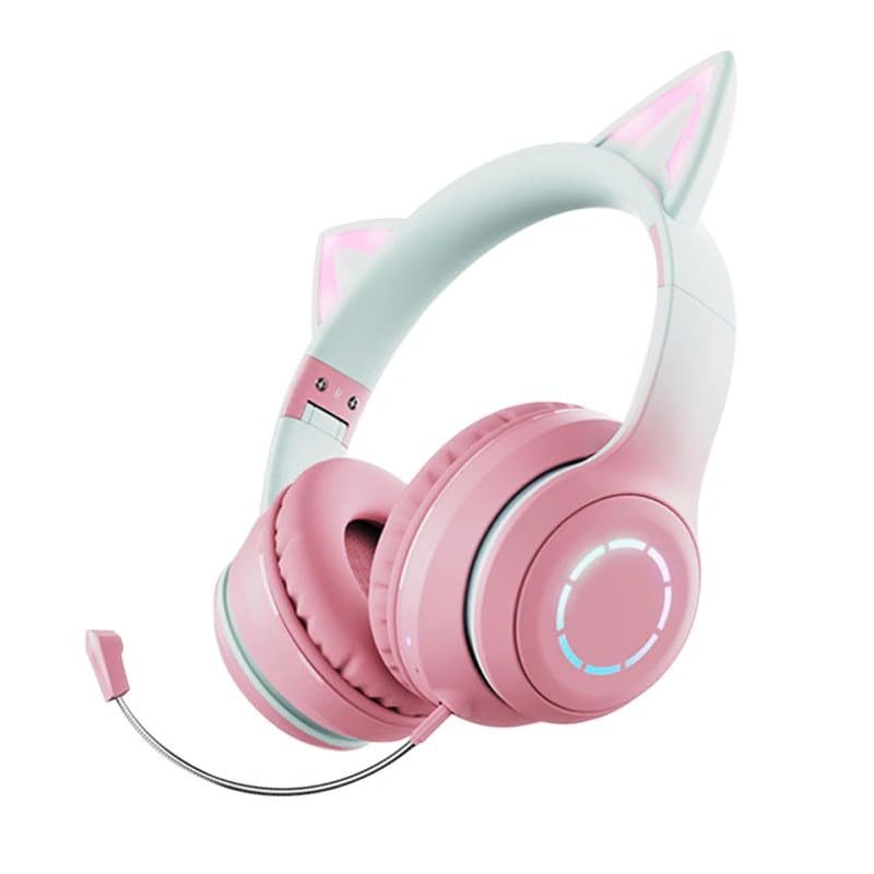 Pink and white headphones with cat ear design on a white background. best noise cancelling headphones under $100. Raee Industries 