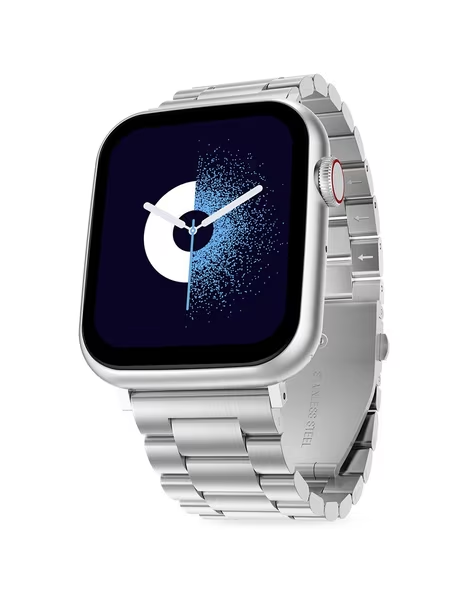 Silver smartwatch with a metal band on a white background