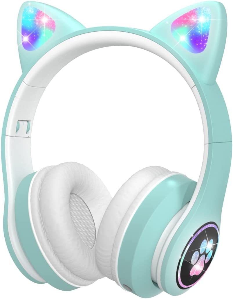 Children's headphones with cat ear design and colorful lights on a white background. bluetooth headphones for sale. Raee Industries 