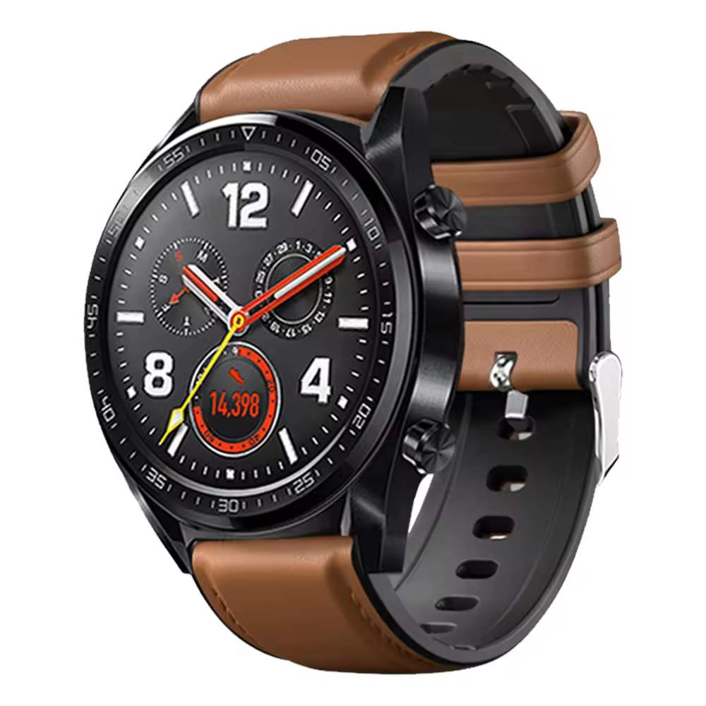 Smartwatch with brown leather strap on a white background