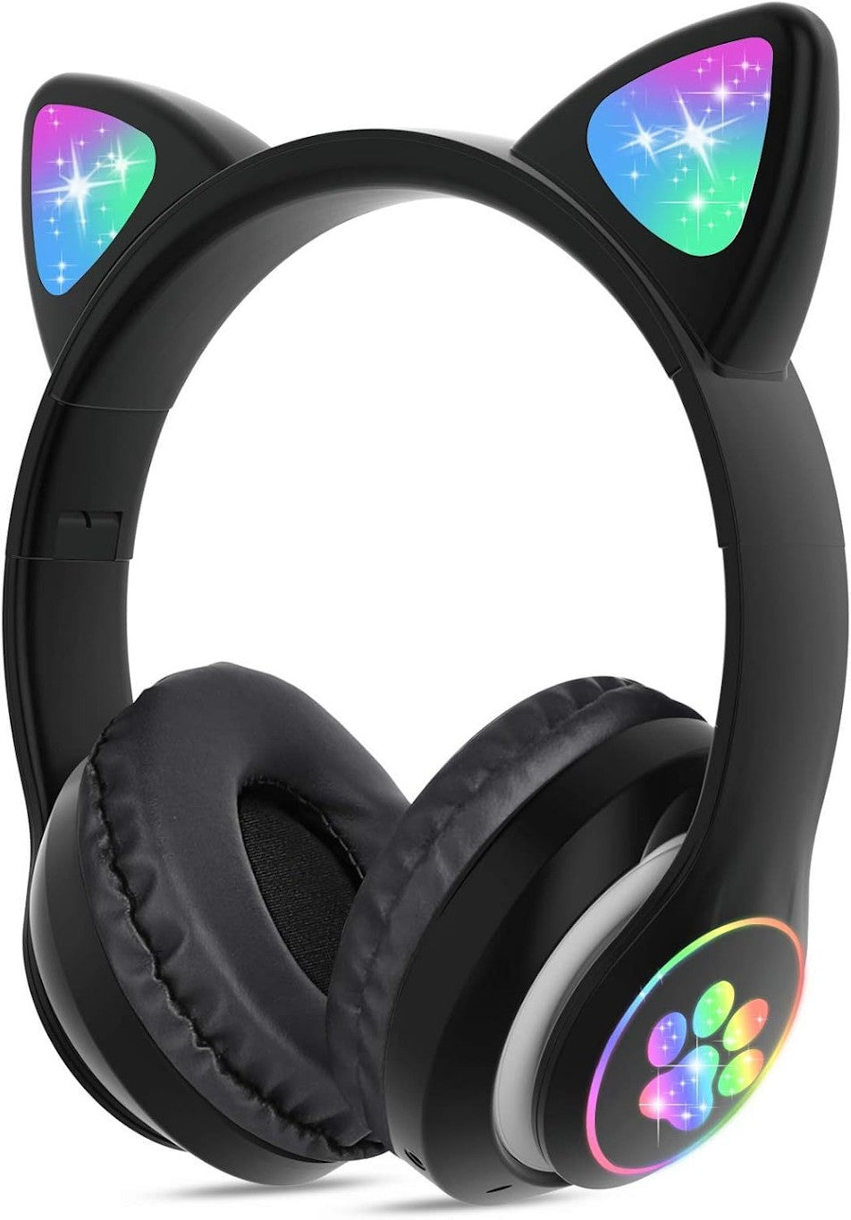 Black cat ear headphones with colorful LED lights on a white background. order over-ear headphones online. Raee Industries 