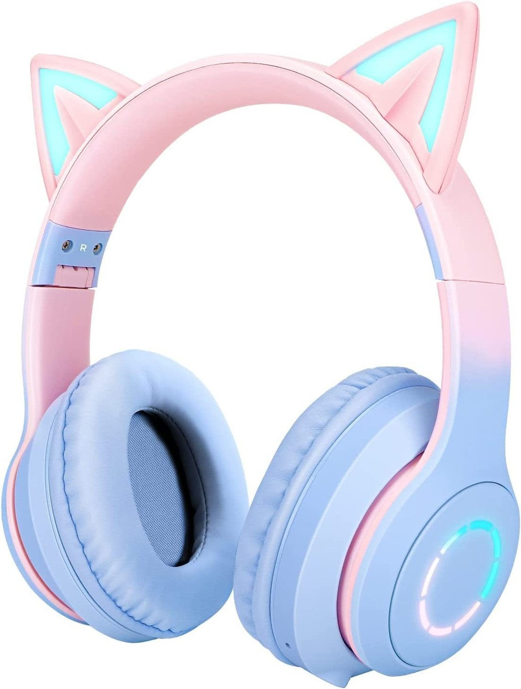 Pink and blue headphones with cat ear design on a white background. premium bluetooth headphones under $300. Raee Industries