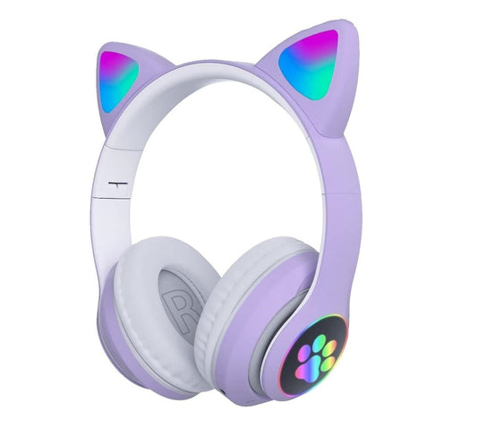 Purple headphones with cat ears and LED lights on a white background. buy noise cancelling headphones. Raee Industries 