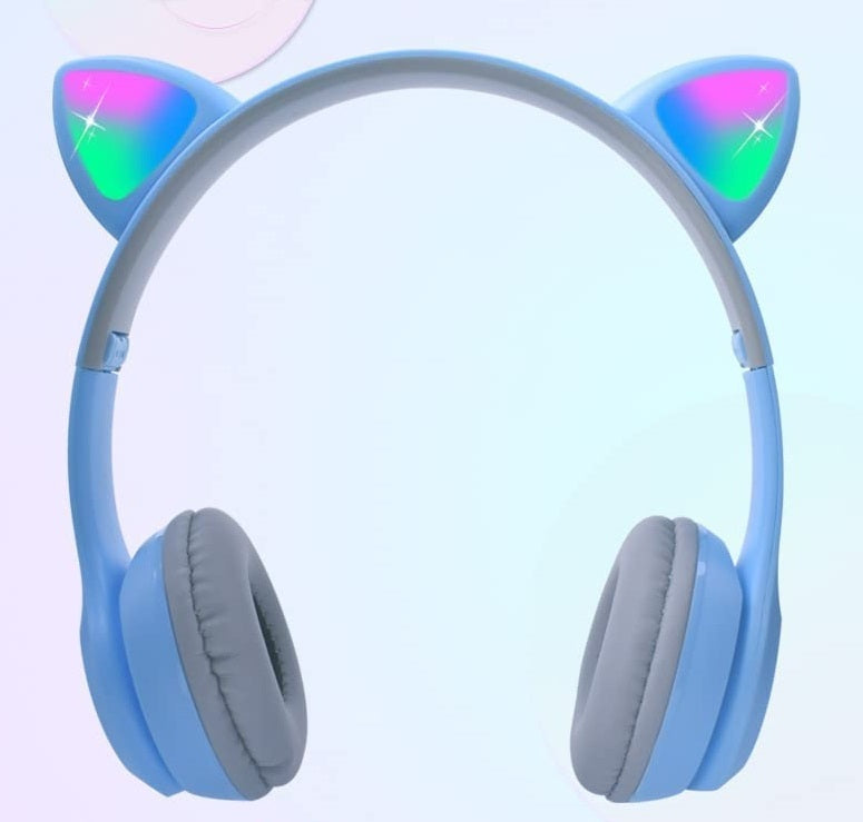 Headphones with cat ear designs and glowing lights on a light blue background. premium bluetooth headphones under $300. Raee Industries 