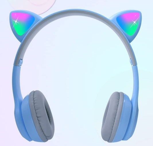 Headphones with cat ear designs and glowing lights on a light blue background. premium bluetooth headphones under $300. Raee Industries 