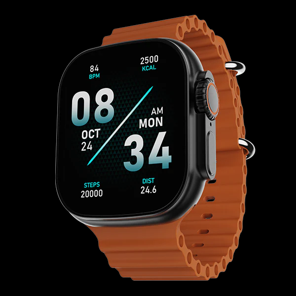 Smartwatch with a brown band on a black background