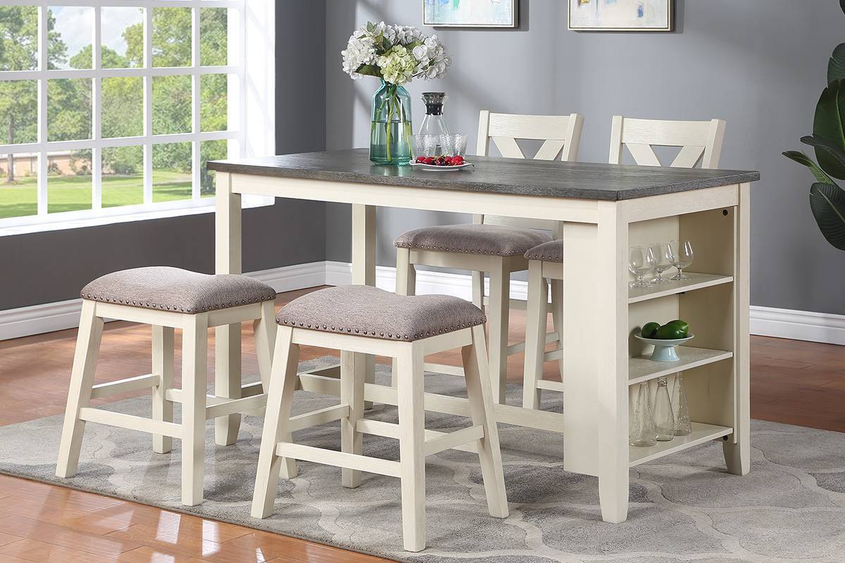 Modern Contemporary 5pc Counter Height High Dining Table w Storage Shelves High Chairs And Stools Wooden Kitchen Breakfast Table Dining Room Furniture