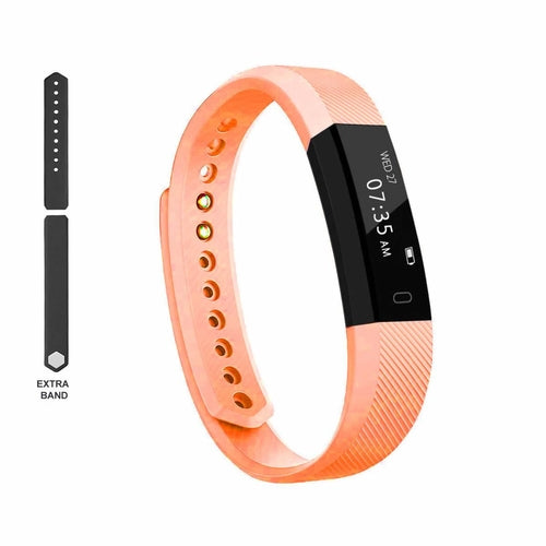Fitness tracker with a peach band and an extra band on a white background