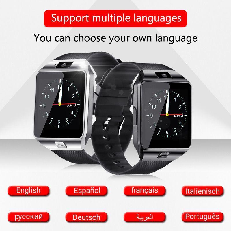 Two smartwatches with language selection options on a white background