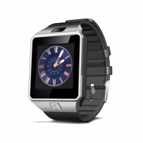 Smartwatch with black strap and blue dial on a white background