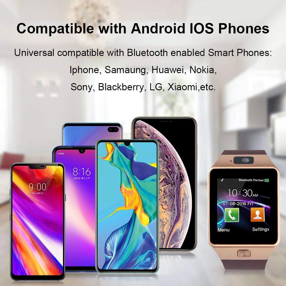 Smartphones and a smartwatch displayed with text about compatibility with Android and iOS devices.