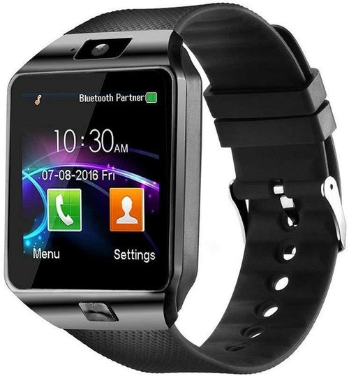 Black smartwatch with a display showing app icons on a white background