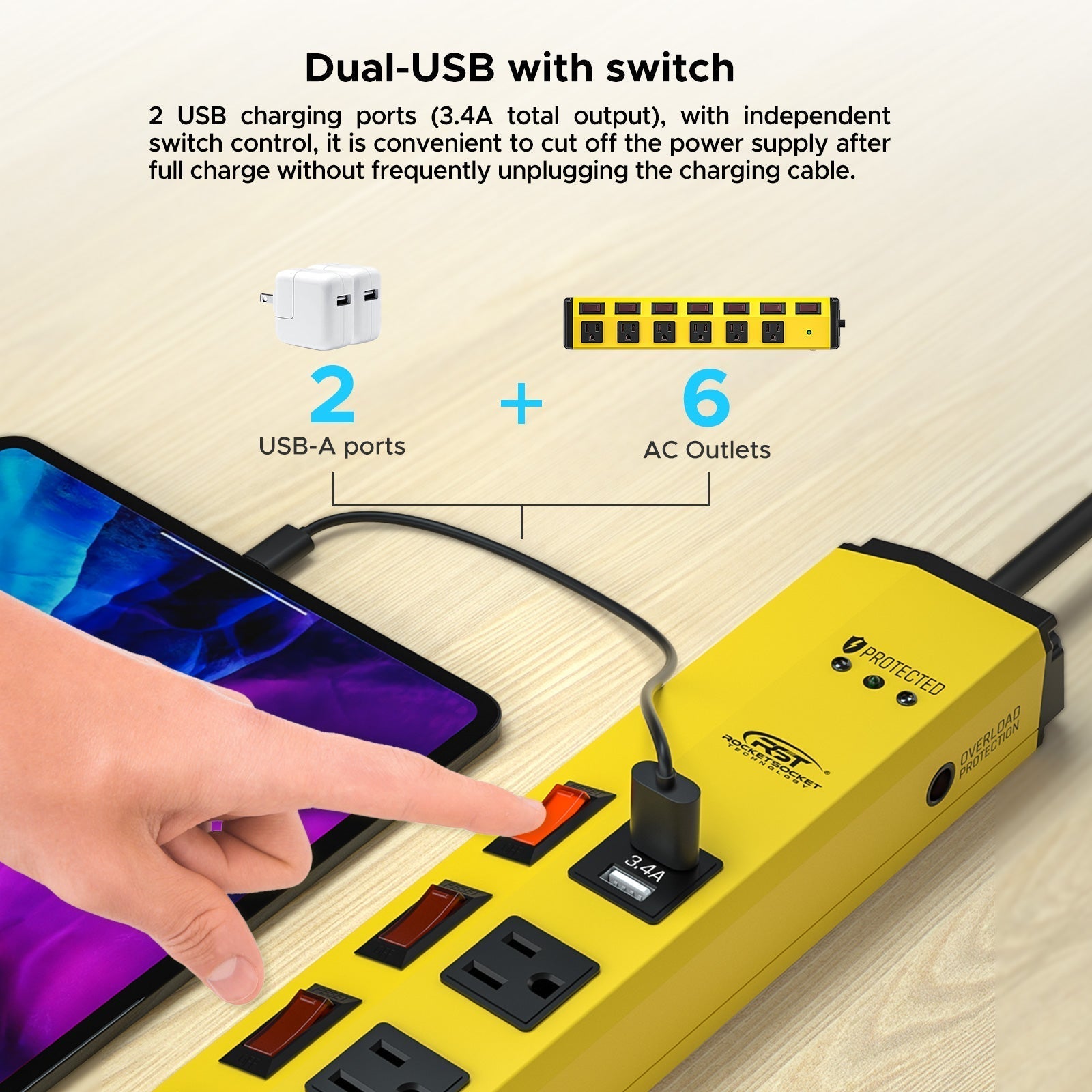 CRST 6 Outlets Individual Switches Mountable Metal Power Strip Surge Protector with Dural USB Ports 6FT Flat Plug Power Cord-2