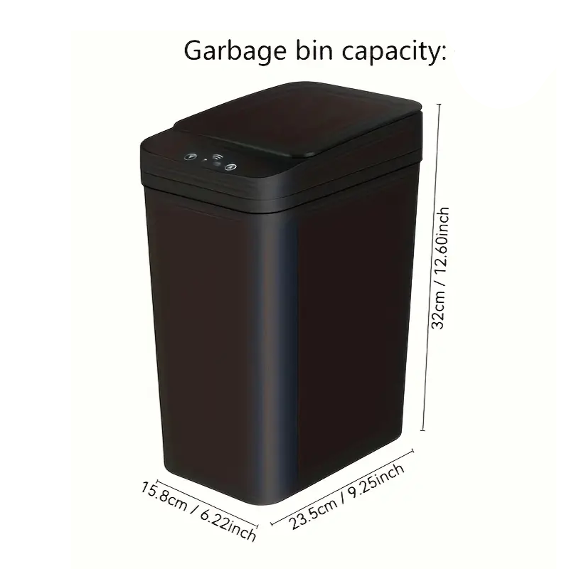 Black garbage bin with dimensions labeled on a white background