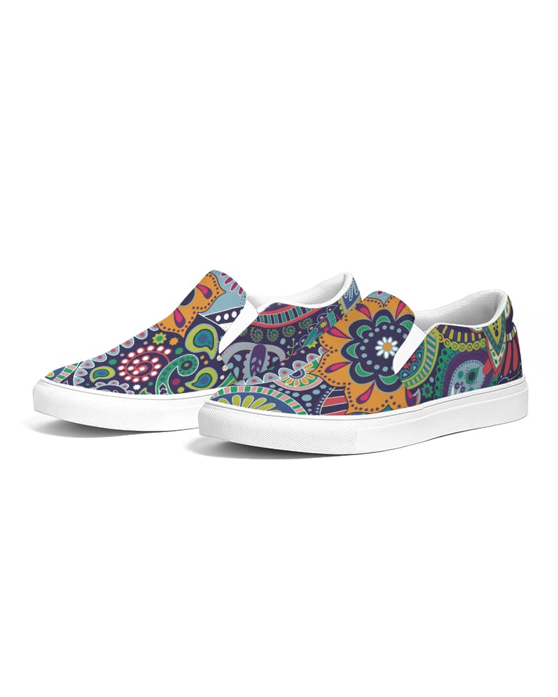 Womens Slip-on Sneakers, Blue Floral Paisley Canvas Sports Shoe