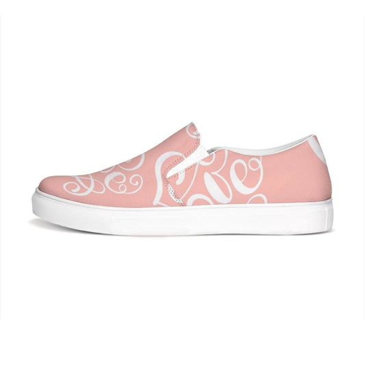 Womens Sneakers - Pink And White Love Print Low Top Slip-on Canvas