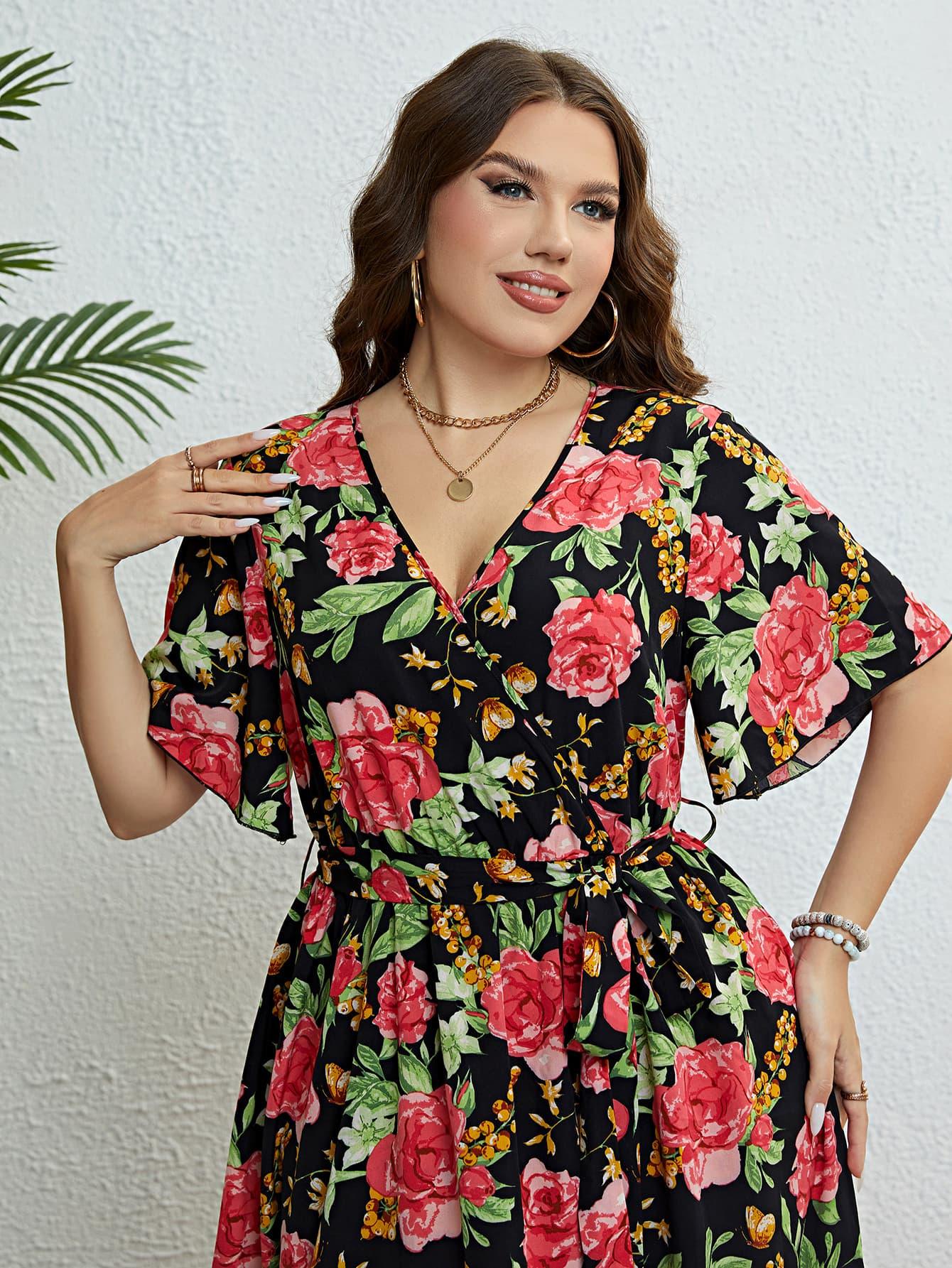 Plus Size Floral Tie Belt Surplice Dress - Raee-Industries