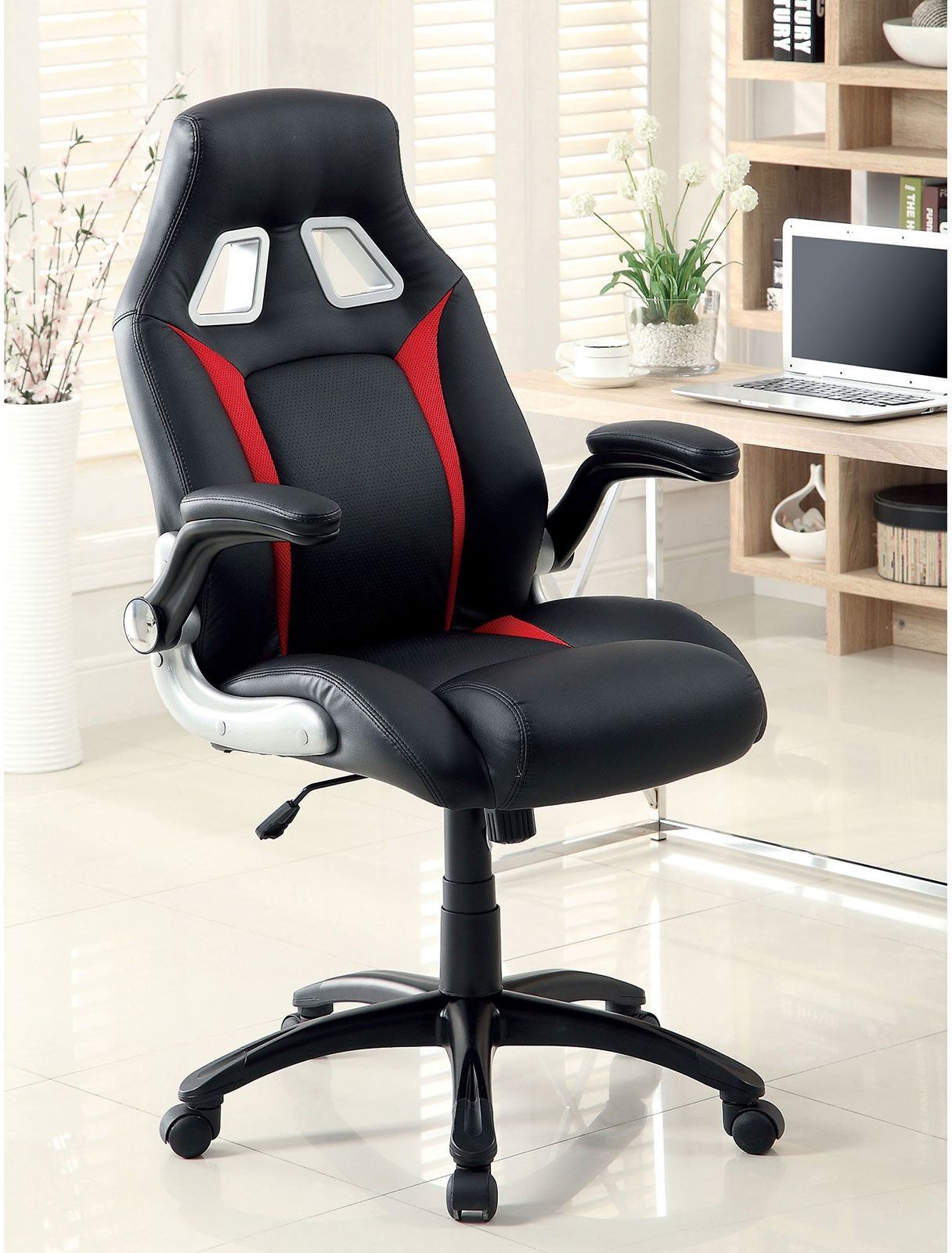 Stylish Office Chair Upholstered 1pc Comfort Adjustable Chair Relax Gaming Office Chair Work Black And Red Color Padded Armrests