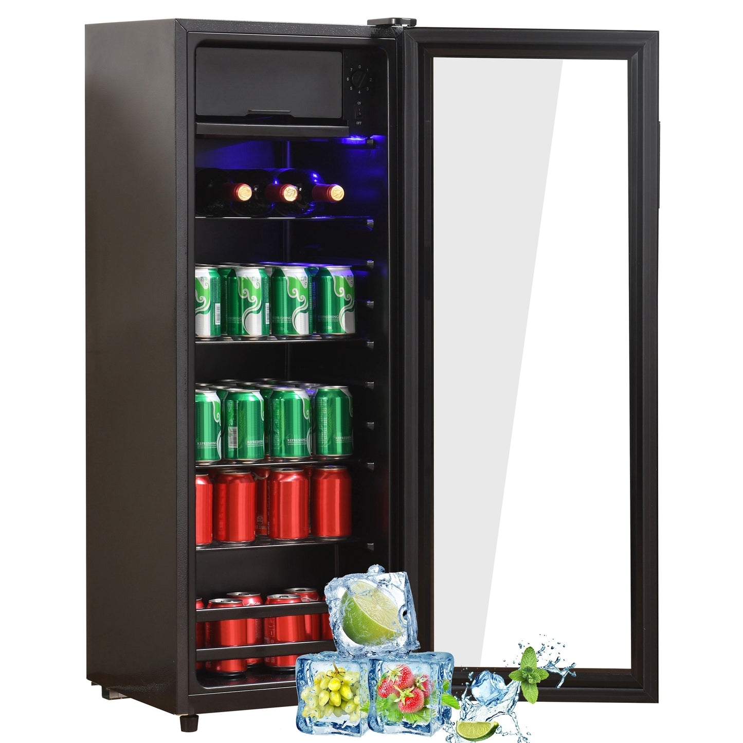 4.5Cu.ft mini fridge, 0.3Cu.ft freezer, up to 94 cans of soda, beer or wine. Silent, high-efficiency and energy-saving compressor, LED lighting, 16.10"×15.70"×43.10", home, RV, apartment, office, etc.