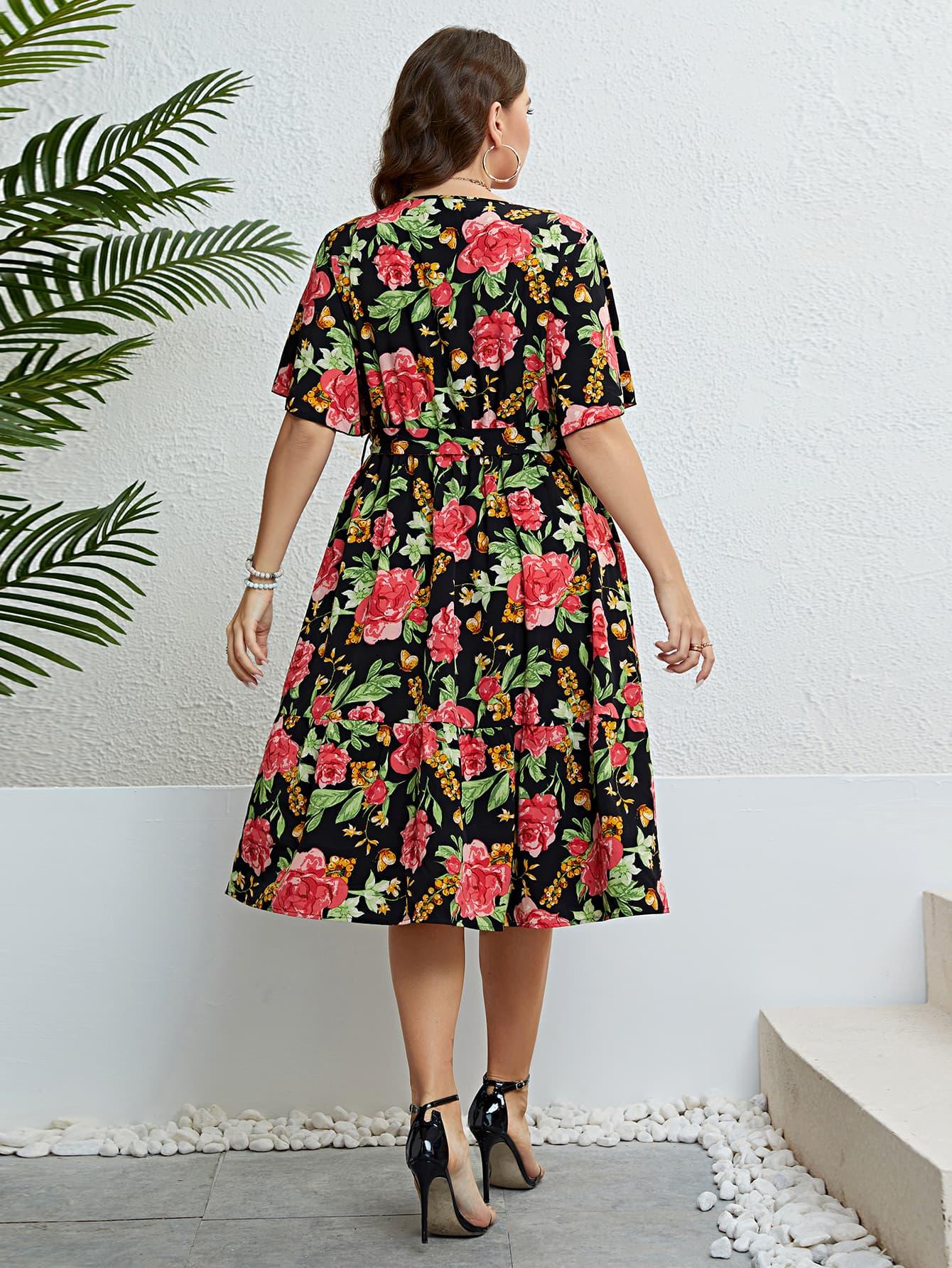 Plus Size Floral Tie Belt Surplice Dress - Raee-Industries