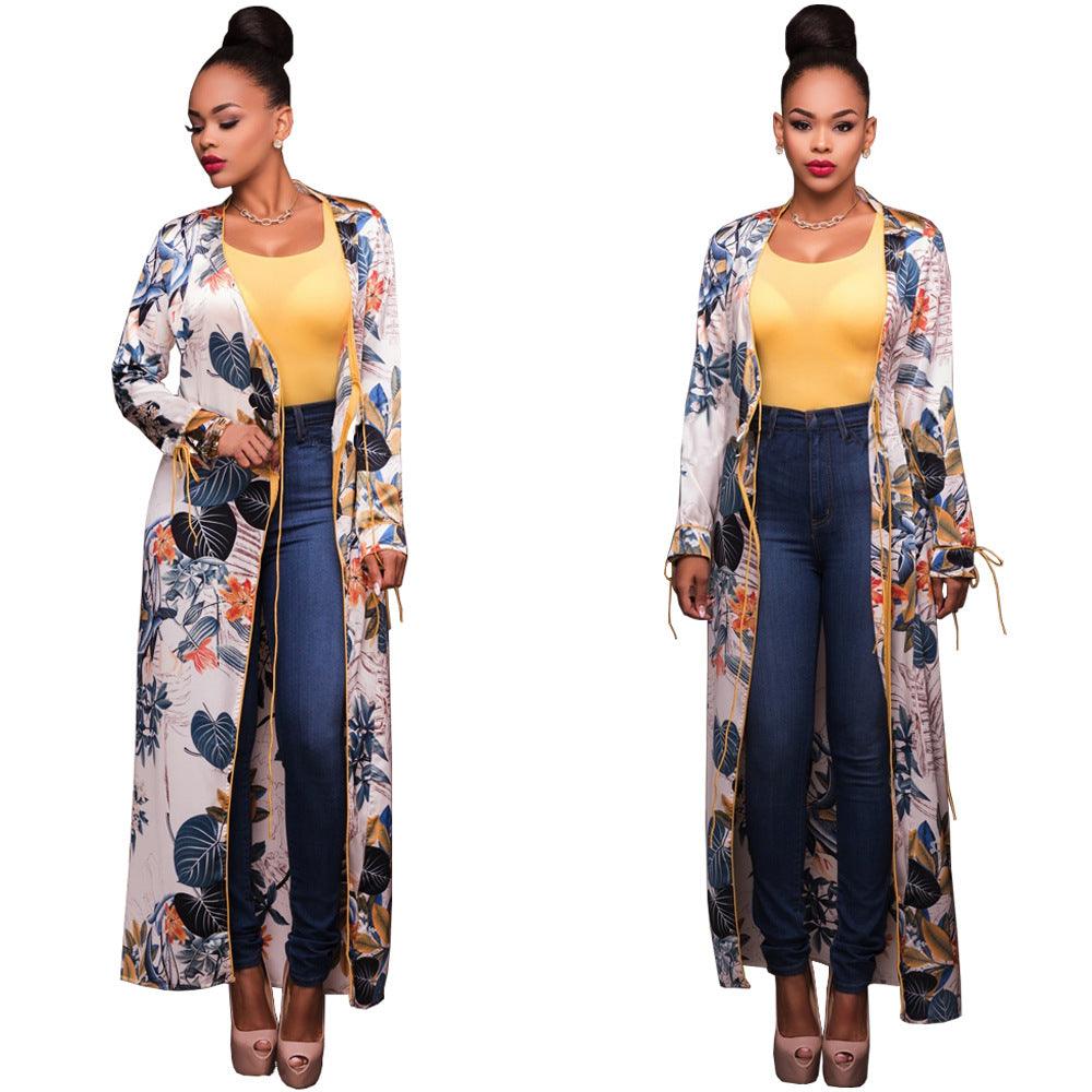 2021 foreign trade Amazon supply Europe and the United States fashion long-sleeved cardigan cloak jacket printed gold-rimmed swimwear blouse - Raee-Industries