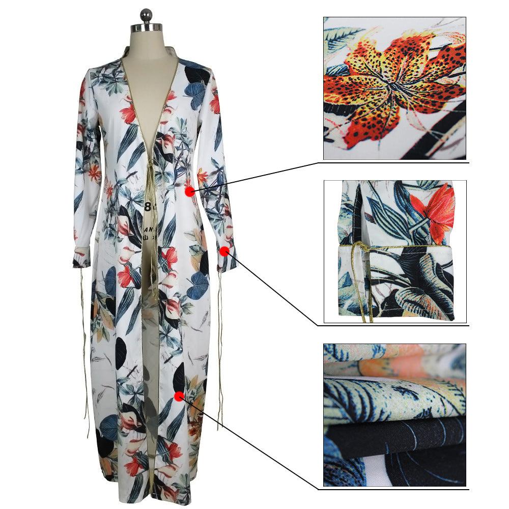 2021 foreign trade Amazon supply Europe and the United States fashion long-sleeved cardigan cloak jacket printed gold-rimmed swimwear blouse - Raee-Industries