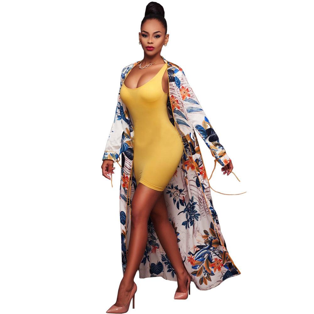 2021 foreign trade Amazon supply Europe and the United States fashion long-sleeved cardigan cloak jacket printed gold-rimmed swimwear blouse - Raee-Industries