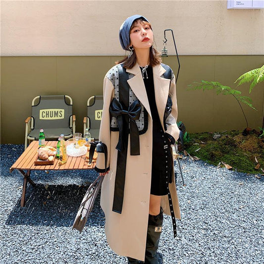 European Version Loose British Style Khaki Windbreaker Bow Fake Two Piece Splicing Long Coat - Raee-Industries