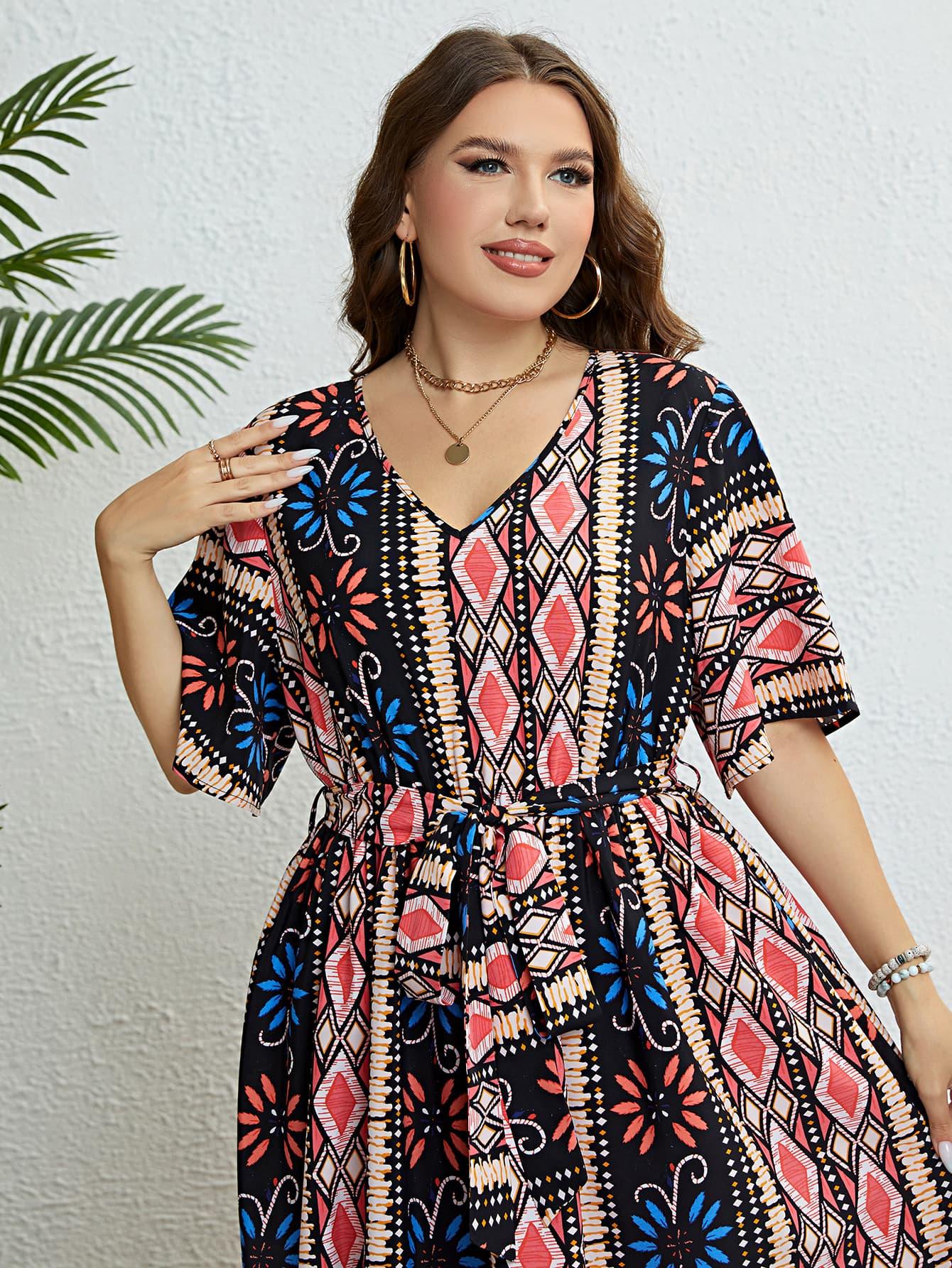 Plus Size Bohemian V-Neck Tie Belt Midi Dress - Raee-Industries