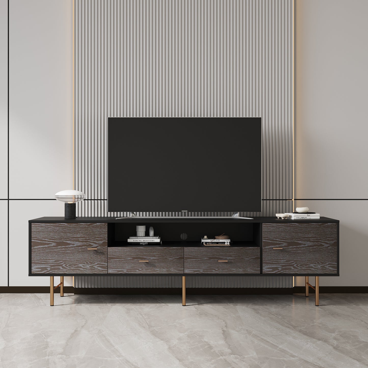 TV Stand Modern Wood Media Entertainment Center Console Table  with 2 Doors,2 drawers  and 2 Open Shelves