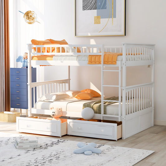 Full over Full Bunk Bed with Drawers, Convertible Beds, White(OLD SKU:SM000241AAK)