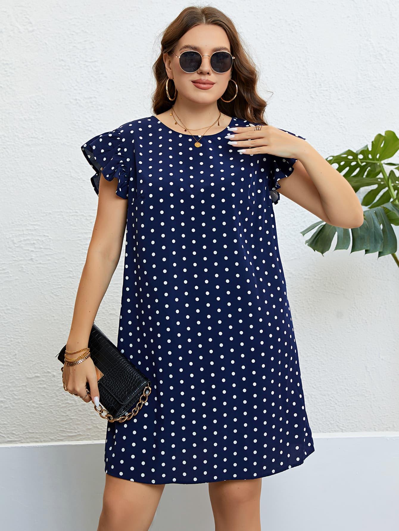 Plus Size Polka Dot Round Neck Dress - Raee-Industries