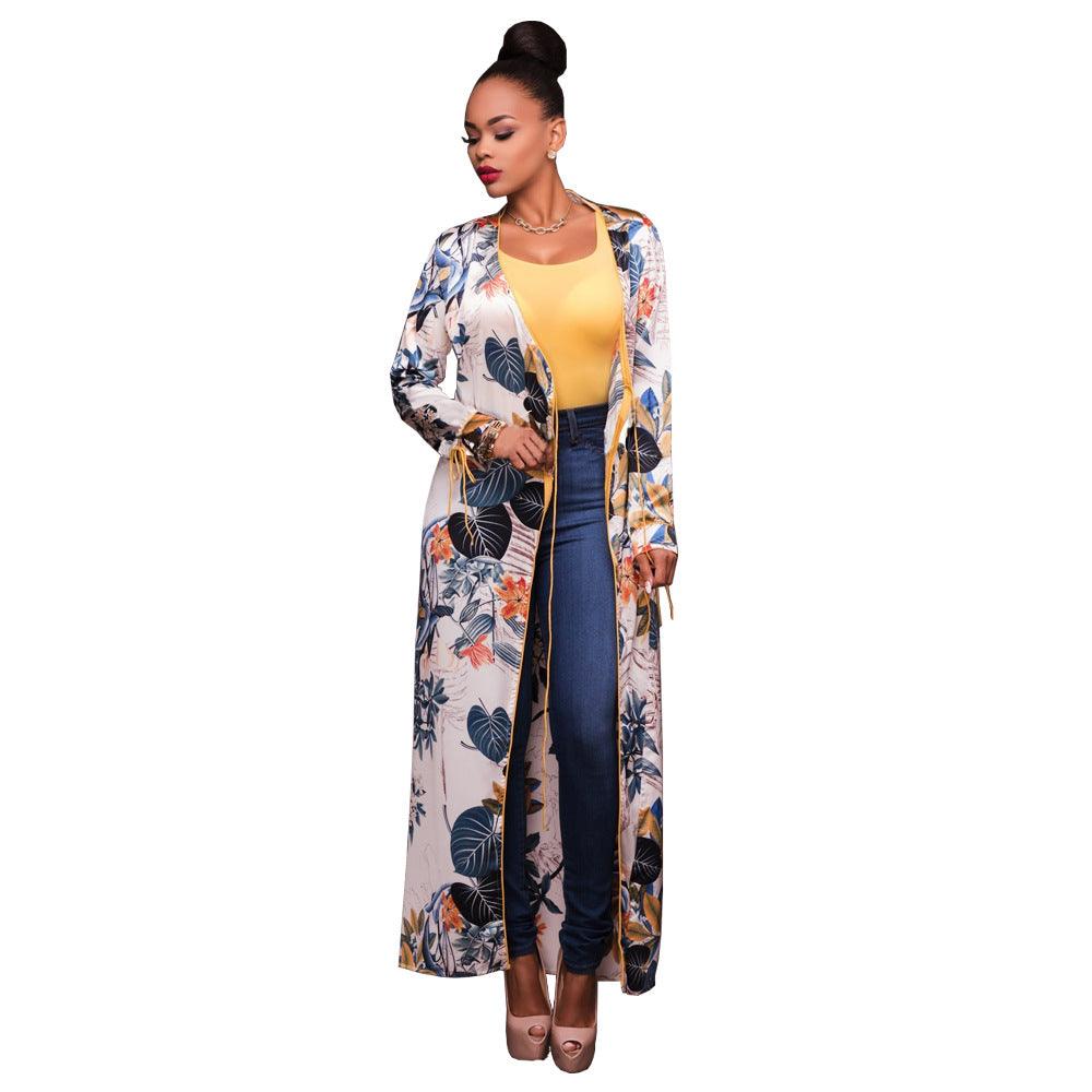 2021 foreign trade Amazon supply Europe and the United States fashion long-sleeved cardigan cloak jacket printed gold-rimmed swimwear blouse - Raee-Industries