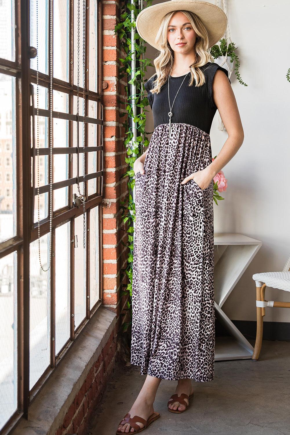 Leopard Print Round Neck Maxi Dress with Pockets - Raee-Industries