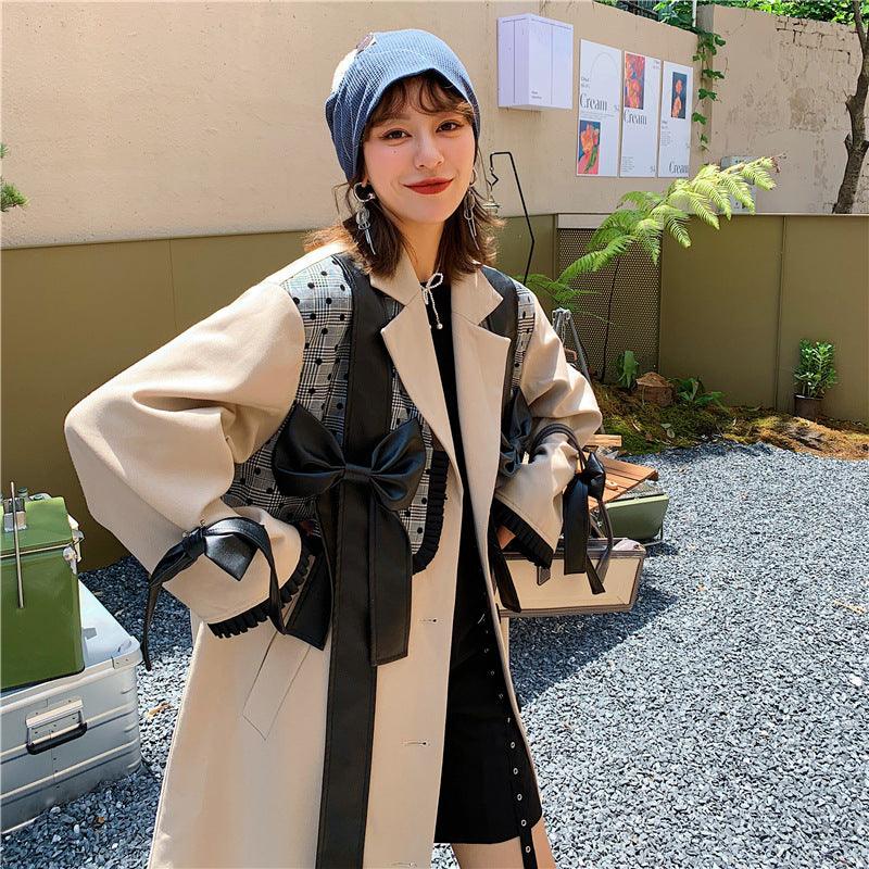 European Version Loose British Style Khaki Windbreaker Bow Fake Two Piece Splicing Long Coat - Raee-Industries