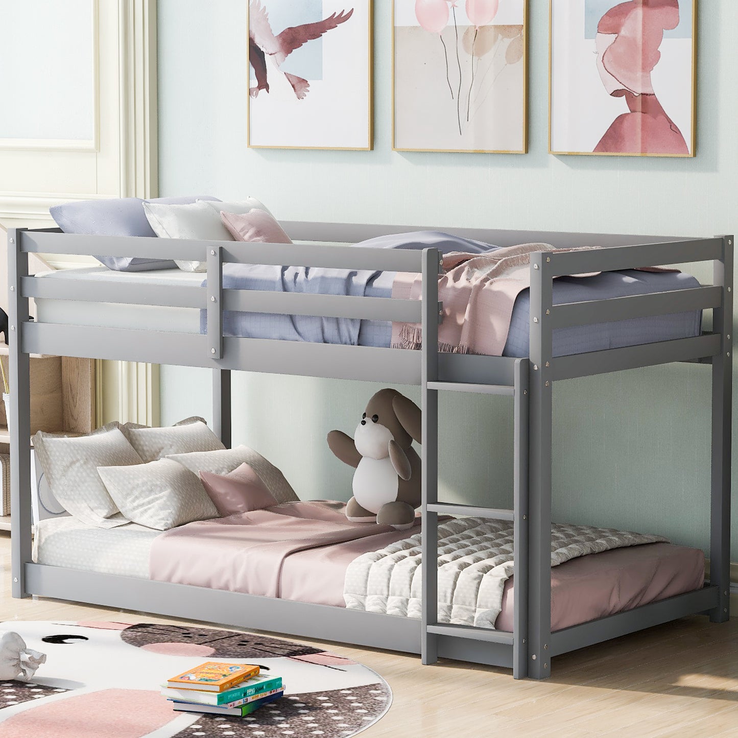 Twin over Twin Floor Bunk Bed with Ladder, Gray(Old SKU:WF293017AAE)