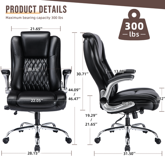 High Back Office Chair with Lifting Headrest, Adjustable Built-in Lumbar Support, Flip Arms, Executive Computer Chair Swivel Desk Chair Thick Padded Ergonomic Design for Back Pain (Black)